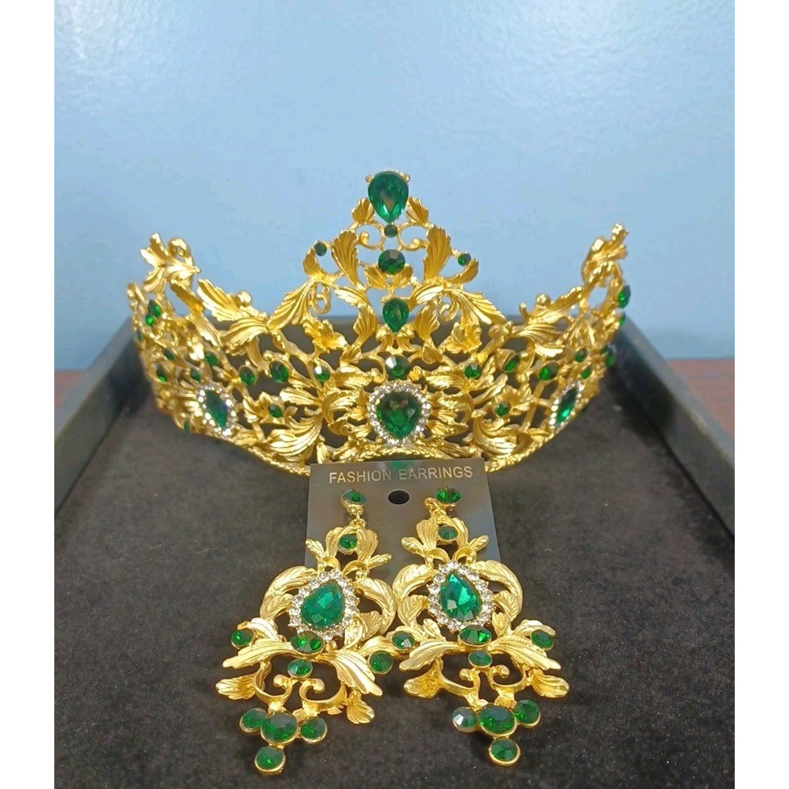Luxury Tiara Headpiece Crown & Earrings Green Rhinestones Wedding Hair Pageant